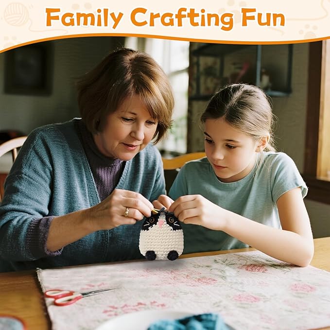 Amorloop Beginner Crochet Animals Kit for Adults Kids – 3 PCS Crochet Kit with Easy-to-See Stitches Yarn and Video Tutorials, Cute Animal Designs, DIY Crochet Set for First-Time Learners - Cat Combo