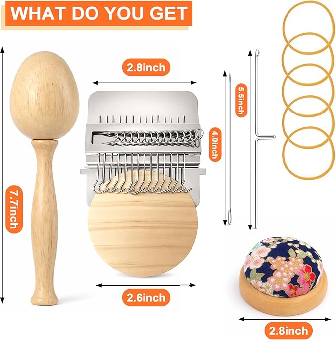 Knit Patch Kit, Mini Darning Loom, Darning Egg Weaving Tool Include Small Weaving Loom with 14 Large Eye Needles 50 Colors Thread for Visible Mending Jeans, Socks and DIY Fabric Repair (Natural Wood)