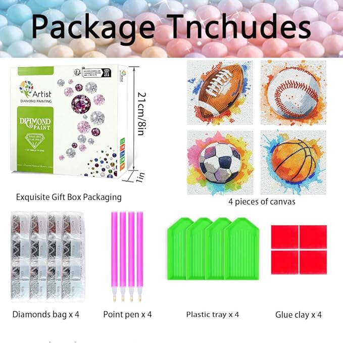 Tiwabb 4 Pack 5D Box Diamond Art Kits for Kids Ages 8-12,Ball Sports Diamond Painting for Kids Beginners,Full Drill Gem Art for Kids DIY Crafts for Girls 8-12,for Home Decor 7x7 Inch