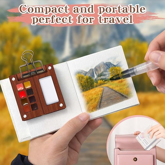 Mini Watercolor Paint Set – Travel Watercolor Set with 8 Color Palette, 300g Sketchbook, Water Brushes, Clip & Storage Bag, Pocket Size Portable Water Color Kit for Artists, Students & Beginners