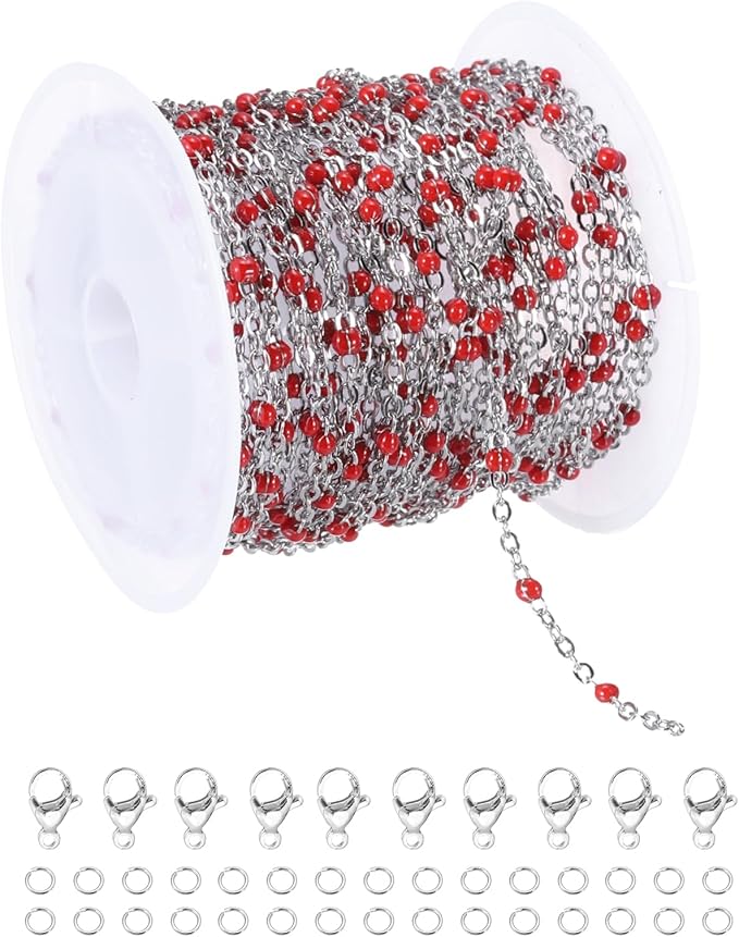 MECCANIXITY Stainless Steel Bead Chain, 16.4 Feet/5M Enamel Beaded Jewelry Link Cable Chains Spool Kit for Jewelry Making, Necklace, Bracelets, DIY Crafts (Silver/Red, Pack of 1)