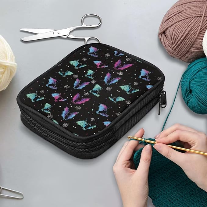 Hechitok Halloween Bats Crochet Hook Case Empty Zipper Bags Organizer Travel Crochet Storage Bag with Web Pocket for Carrying Various Crochets and Knitting Accessories