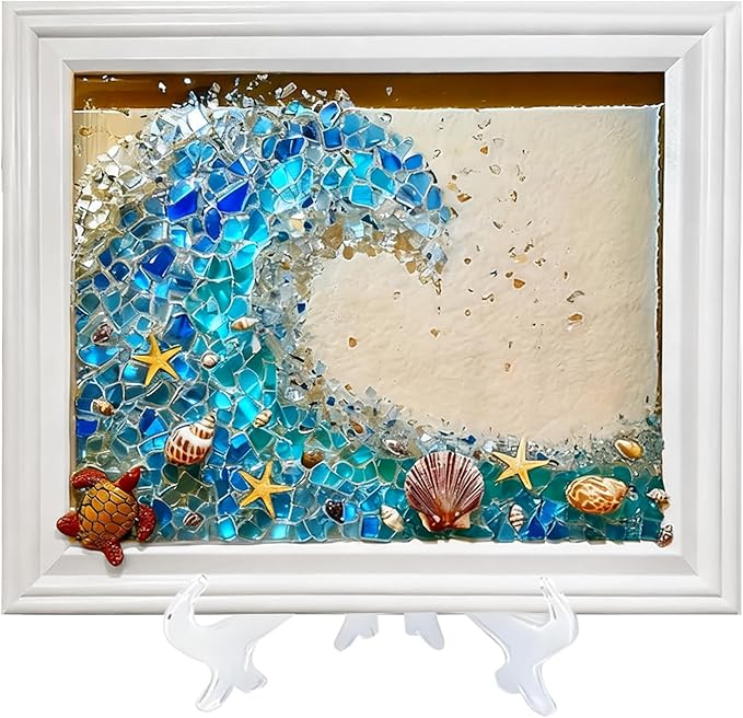 CIYOJA Sea Stained Glass Craft Kit: Wave Mosaic Kit for Adults, DIY Resin Art Kit with Crushed Seaglass for Beach Home Décor, Framed Ocean Glass Artwork Craft Kit for Women, Beginners Art Projects
