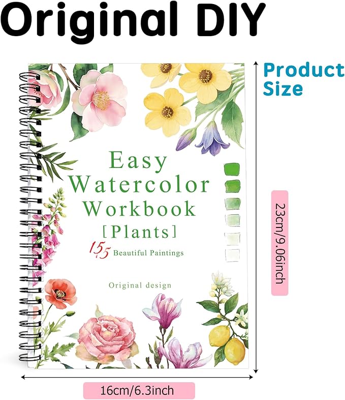 SLWBZ Watercolor Workbook Flower Plants, 15 Different Patterns of Original DIY Designs, Beginner-Friendly Watercolor Workbooks, (Plants, Without Palette)