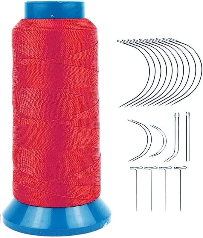 YANTAISIYU Red Polyester Weaving Thread, 1500 Yards, 210D Strength, Sewing Thread for Making Wigs, Hair Extension Kit with C Type Needles