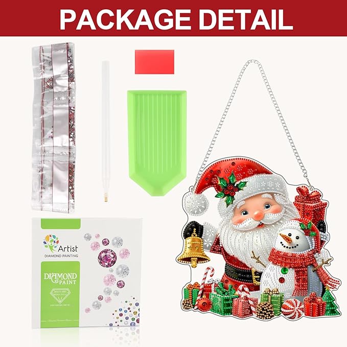 CEOVR Christmas Hanging Diamond Painting, Santa Claus Snowman Special Shape Diamond Art for Adults, Christmas Winter DIY Gem Art, Acrylic Home Garden Decor with Chain, Box Kit 9.37x9.3In