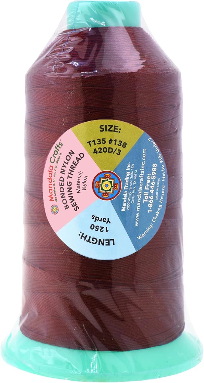 Mandala Crafts Size 138 420D T135 Bonded Nylon Thread - Maroon 1250 YDs Tex 135 Heavy Duty Sewing Threads for Leather, Jeans, Weaving, Outdoor Marine Upholstery