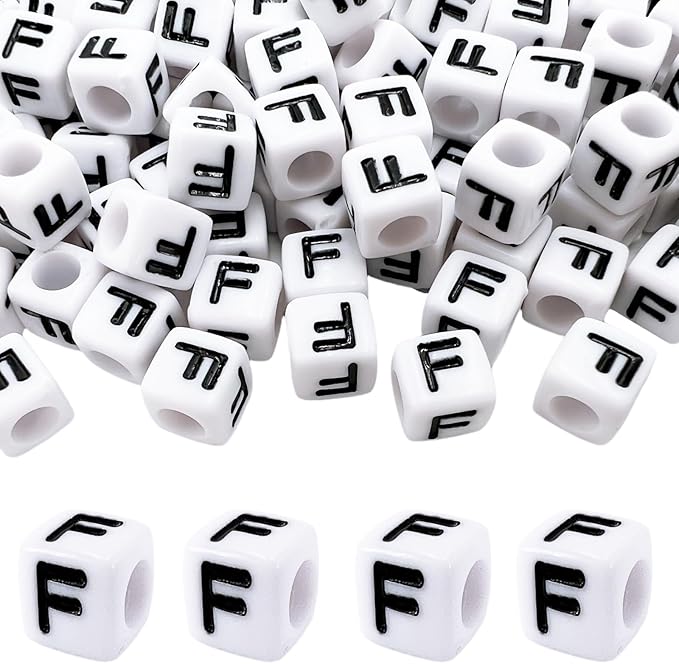 MIIIM 100pcs Pony Beads Letter F for Keychains Making, 6x6mm Large Hole Square Letter Beads for Bracelets Making, Alphabets, Numbers (White and Black)