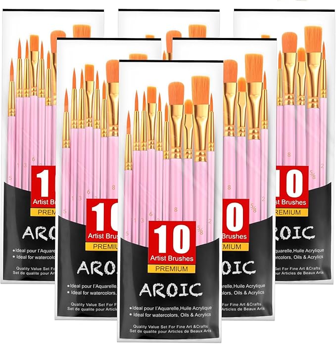 AROIC Acrylic Paint Brushes, 6 Packs/60 pcs Nylon Hair Paint Brush Set for All Purpose Oil Watercolor Painting Artist Professional Kits (Pink)