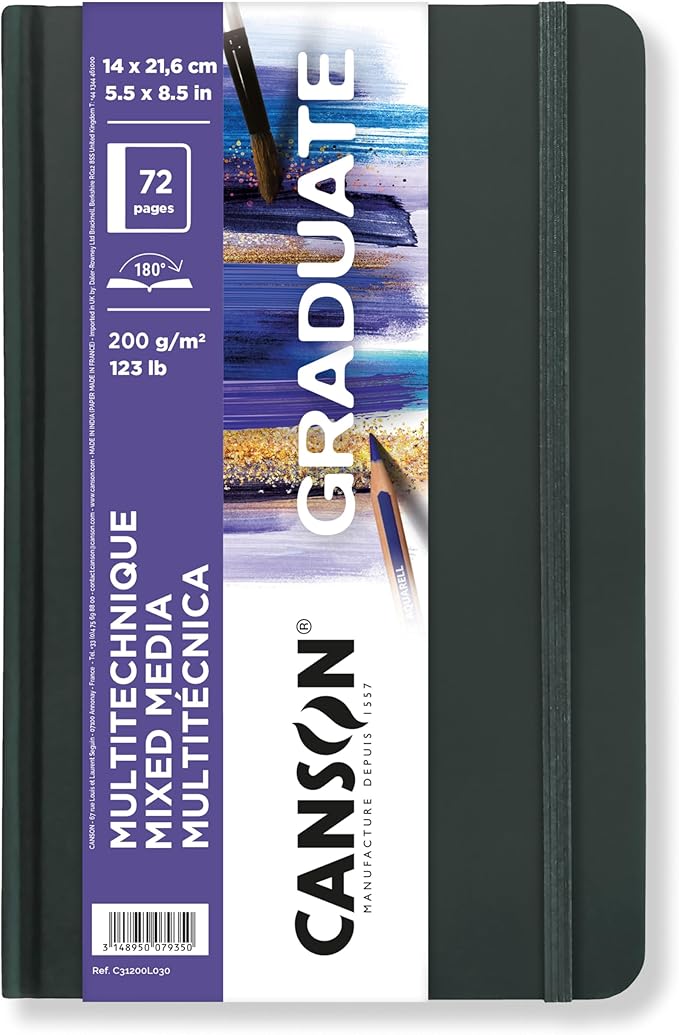 Canson Graduate Mixed Media Paper, Hard Cover Art Journal, 5.5x8.5 inches, 36 Sheets — Artist Paper for Collage, Watercolor, Ink, Pencil, Marker