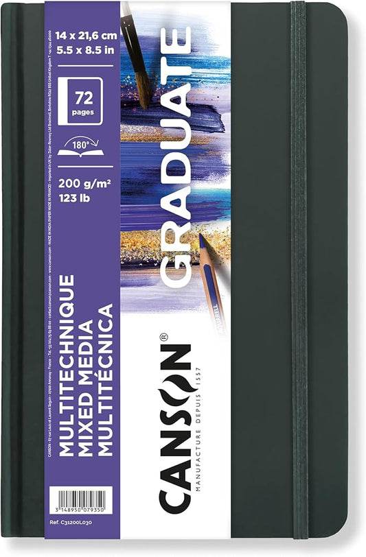 Canson Graduate Mixed Media Paper, Hard Cover Art Journal, 5.5x8.5 inches, 36 Sheets — Artist Paper for Collage, Watercolor, Ink, Pencil, Marker