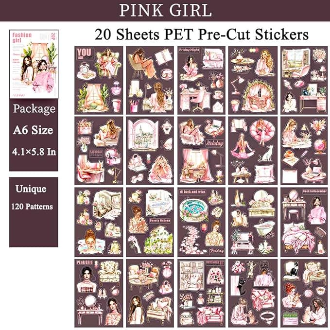20 Sheets Pink Girl Sticker Book for Scrapbooking Supplies, Aesthetic Pre-Cut Journaling Sticker for Junk Journal Kit, Die-Cut PET Ephemera for Bujo Planner Arts Craft