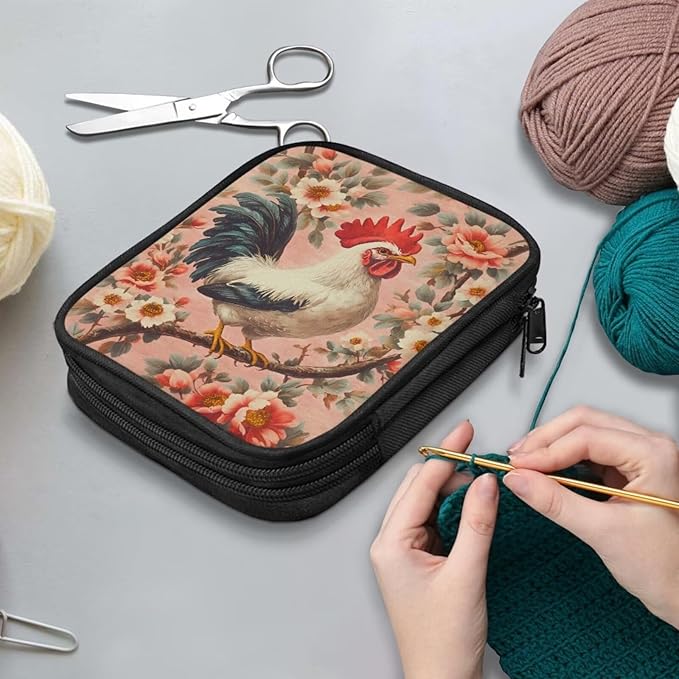 Hechitok Chicken Flower Crochet Hook Case Without Hooks and Accessories Zipper Storage Organizer Bag with Web Pockets for Various Crochet Needles Accessories Crochet Hook Kit Tools