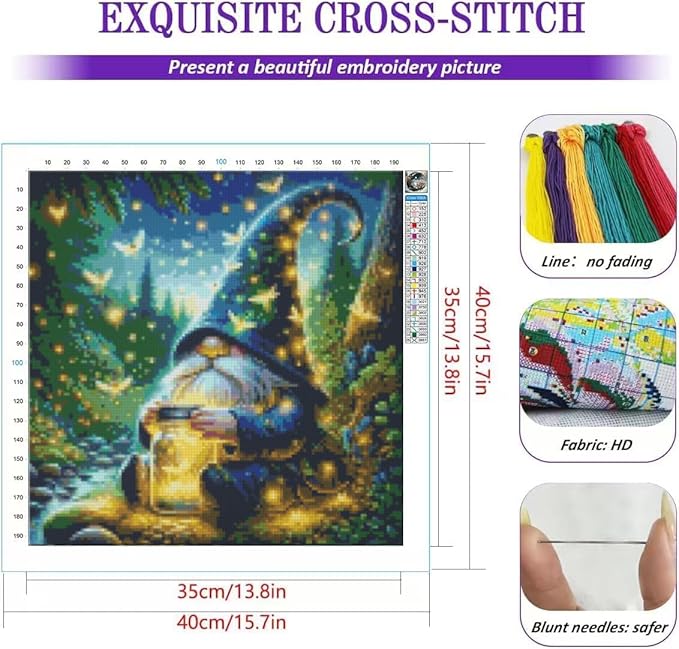 kyoqfvn gnome stamped cross stitch kits for adults - counted embroidery starter kits - 11ct cross-stitch patterns dimensions needlepoint kit arts and crafts 14×14inch