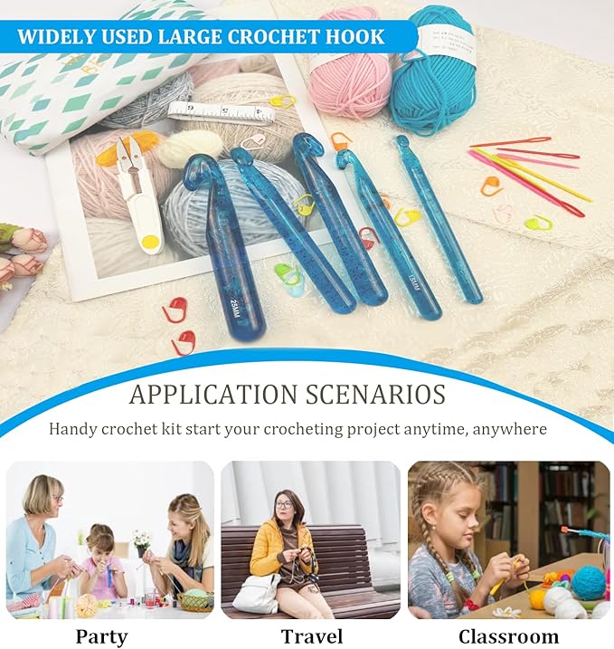 Weabetfu 5 Large Crochet Hook,25mm 20mm 18mm 15mm 12mm Size Crochet Hooks, Large Crochet Hook for Chunky Yarn,24PCS Big Crochet Hooks 10mm-25mm Crochet Needles with Case (Blue)