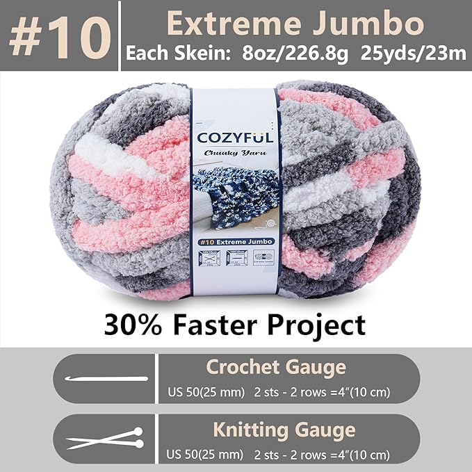 Chunky Yarn for Hand Knitting - #10 Chunky Chenille Blanket Yarn, Jumbo Big Thick Chunky Yarns for Crocheting, Tie Dye Bulky Knit Yarns, 8 Skein (25 yds 8 oz Each Skein), Pink & Grey & White