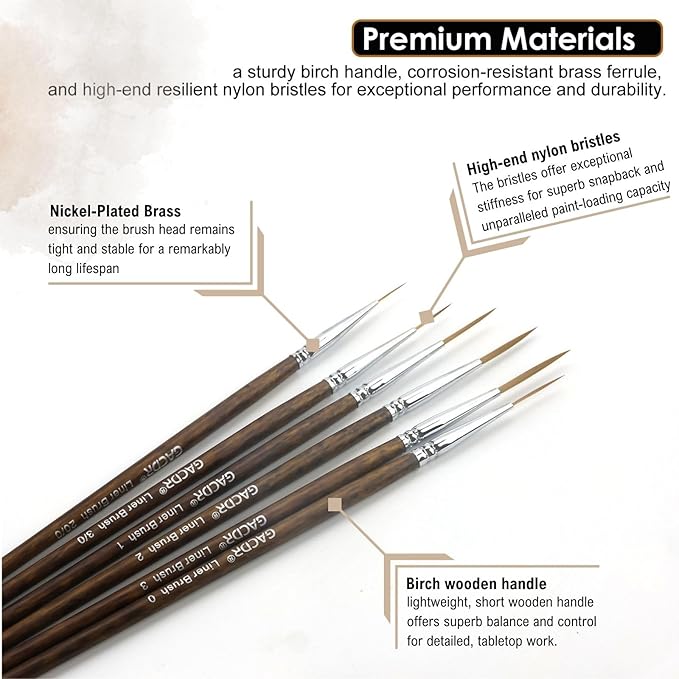 Rigger Liner Brushes, 6 Pcs Extra Long Fine Tip Paint Brush Set Script Pinstriping Scroll Outlining Brush for Watercolor Acrylic