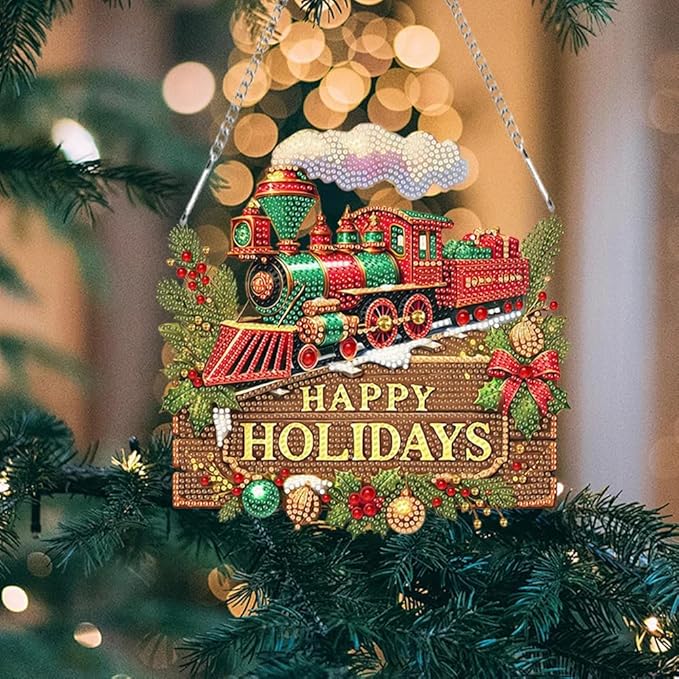 SHLUHA Diamond Art Kits for Adults Diamond Art Happy Holidays Design Special Shape Acrylic Hanging Pendant Crystal Mosaic Home Wall Door Window Decor with Chain Handmade Christmas Gift (LL072)