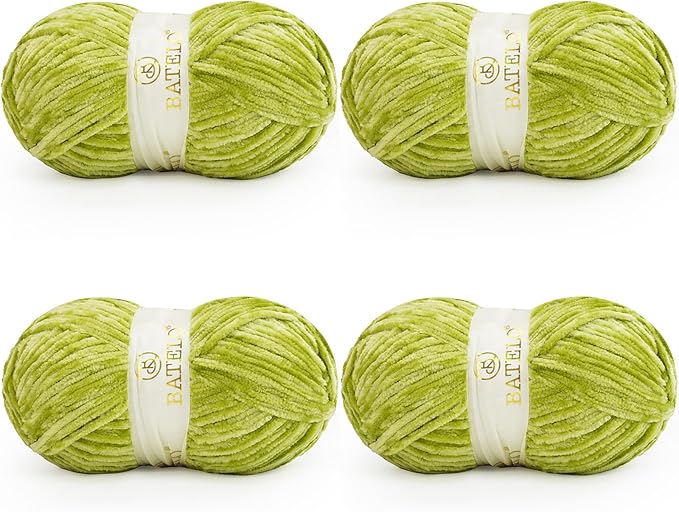 Velvet Chenille Yarn for Crocheting & Knitting 1440 Yards, Soft Thick Fluffy Bulky Blanket Yarn, 4 Pack of 10.5oz (Pear Green)