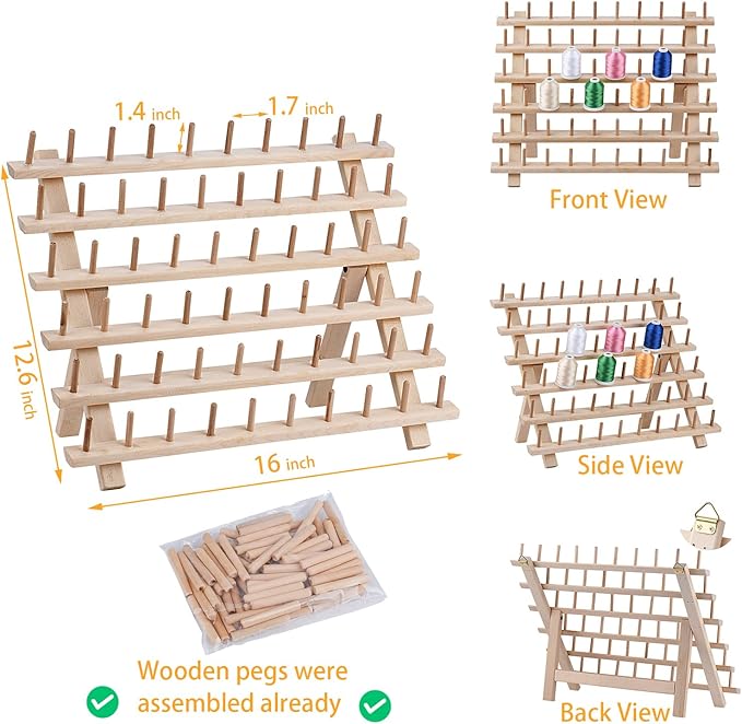 Simthread [Upgraded] 60x2 Spools Wooden Thread Holder, Braiding Rack, Organizer Stand with Hanging Hooks for Embroidery Sewing Thread Rack