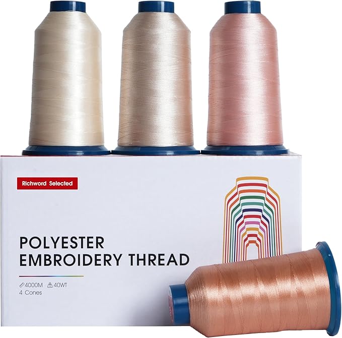 Poolin Richword Selected Black and White Embroidery Thread Set – 4 Rolls, 40WT Polyester 4000M for Home & Commercial Embroidery Machines-4 Light Pink