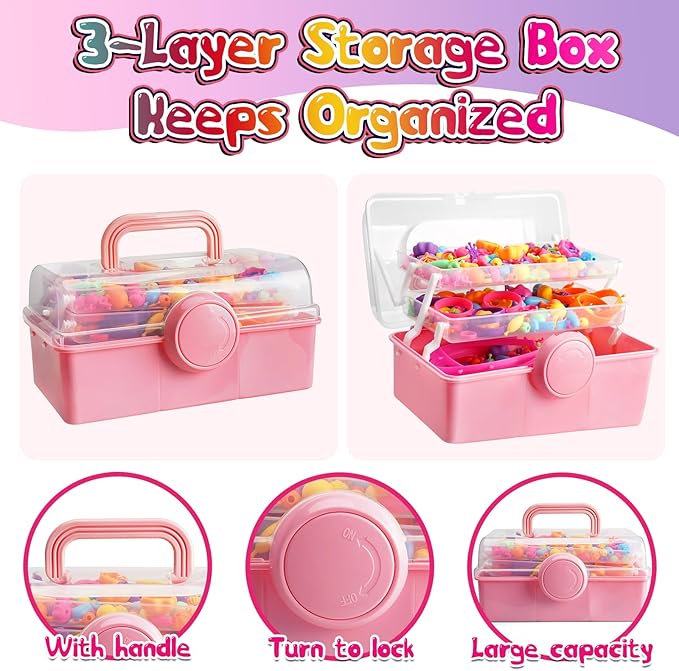 850pcs pop beads - jewelry making kit for 3 4 5 6 7 8 year old little girls, arts and crafts toys for kids, necklace bracelet ring hairband creativity snap set birthday valentines day gifts for kids