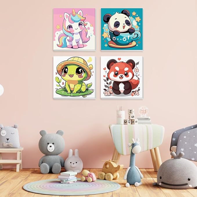 4 Pack Paint by Numbers for Kids with Wooden Framed, Cute Cartoon Unicorn, Panda, Frog, Paint by Number Kits on Canvas for Beginner, Acrylic Oil Painting Kits for Home Decor 8x8 inch, Kawaii Animals