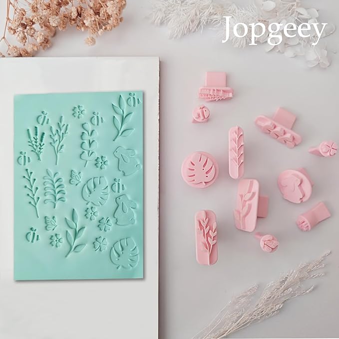 Jopgeey Polymer Clay Stamps Tool Set for Adults - 3D Print 12 Shapes of Plant & Animal, Work with Polymer Clay Cutter, Spring Cutter Stamps for Jewelry Pieces Making, Earrings and Necklace Pendants