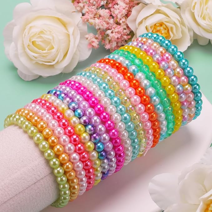 2400pcs Pearl Beads, 47 Colors Round Beads for Bracelets, Multicolor Bracelet Making Kit, for Jewelry Making with Elastic String, DIY Crafts Set (6mm)