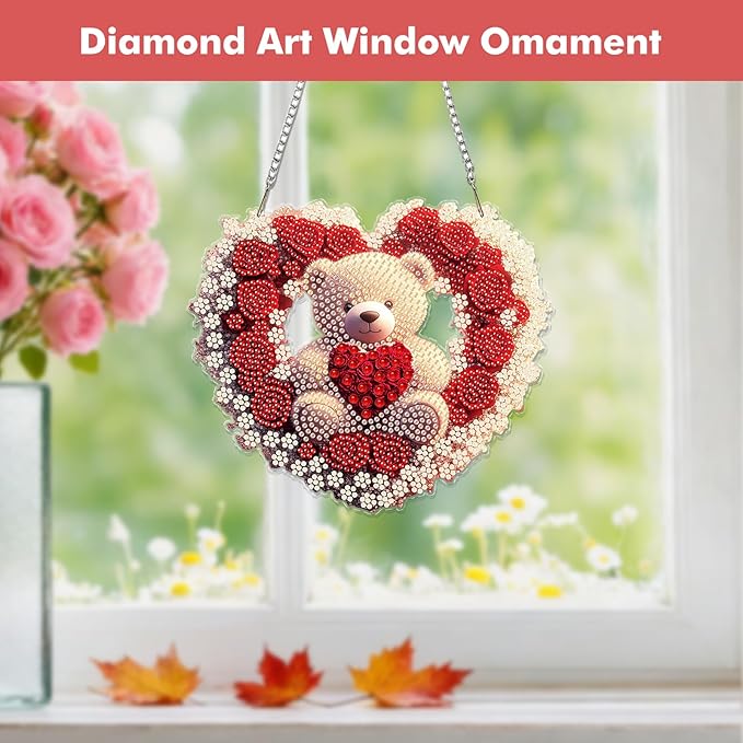 Miwixy Valentine Hanging Diamond Art Kits for Adults,Rose Bear Special Shaped Crystal Christmas Diamond Painting Ornament Kit DIY Double-Sided Pattern Window Pendant Gem Art Kit for Home Wall Decor