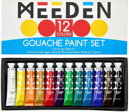 MEEDEN Gouache Paint Tube Set - 12 x 12ml (0.4 oz) Colors Art Paint Supplies for Artists Students Beginners - Rich Pigment Art Paints for Canvas Painting