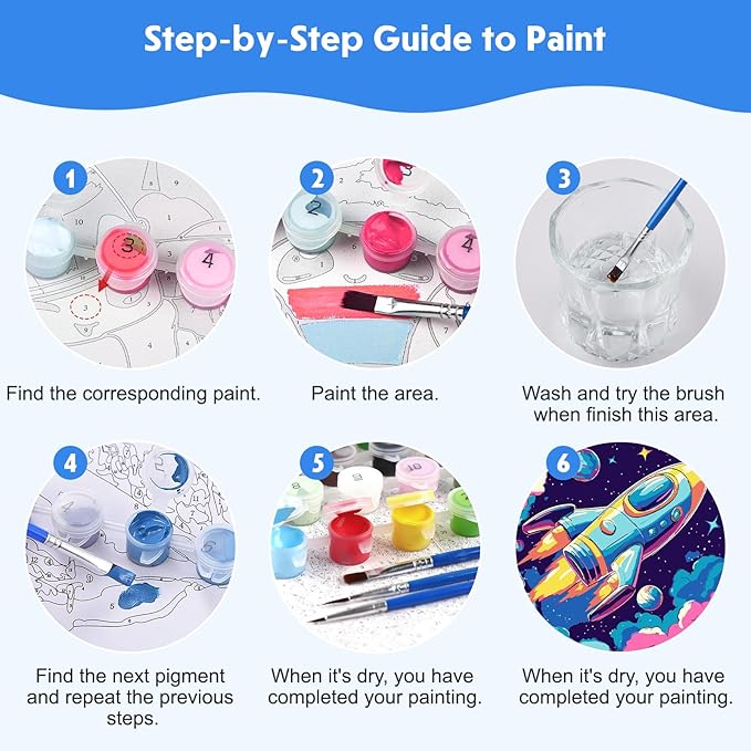 4 Pack Paint by Numbers for Kids with Wooden Framed, Space Rocket, Spaceship, Paint by Number Kits on Canvas for Beginner, Acrylic Oil Painting Kits for Home Decor 8x8 inch, Colorful Planets and Stars