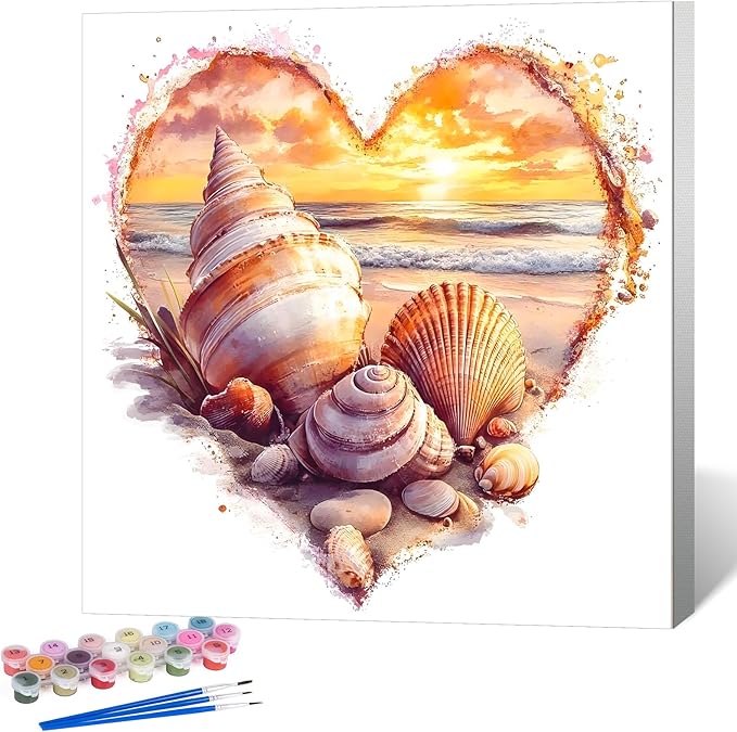Framed Paint by Numbers Kit for Adults Beginner Shell, Adult Paint by Number Kits on Canvas Framed Sea Beach, DIY Acrylic Oil Painting by Numbers with Frame, Perfect for Home Decor Gift 10 X 10 Inch