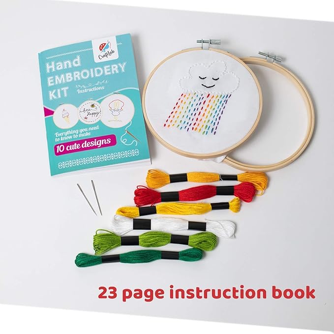 CraftLab Embroidery Kit for Kids - Beginner Sewing Kit with 10 Projects, Hoops, Thread, Patterns
