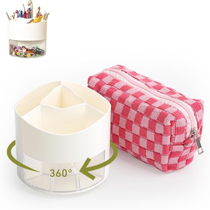 Crochet Hook Case & Bag Combo, 360° Rotating Crochet Hooks Holder for Craft Table, Plus an On-the-go Crocheting Project Organizer Bag