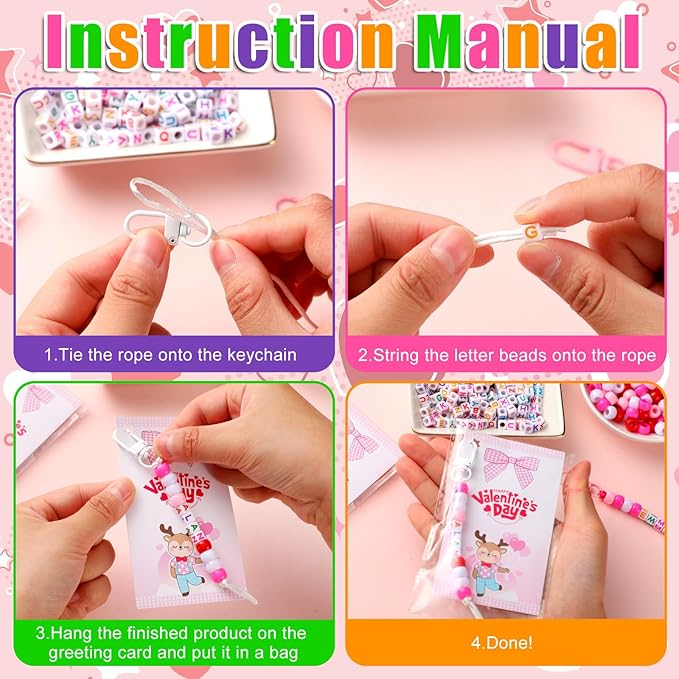 Suncalla 984 Pcs 24 Set Valentines Crafts Keychain DIY Key Chain Making Kit Gift Bead Adjustable Letter Beads Cards Strings Kit Sweet Valentine's Gift Accessories Party Favors for Adult