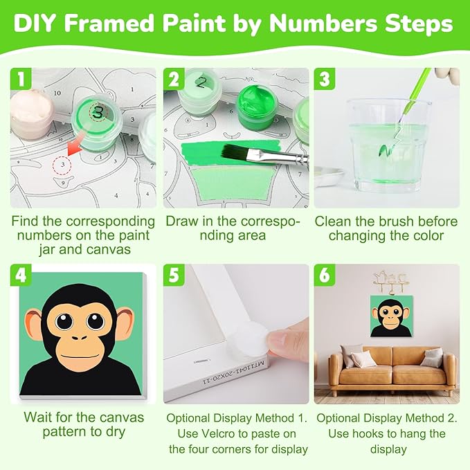KEYIFA 4 Pack Paint by Numbers Kids Kit with Frame, Easy Animal Painting Kits for Adult Beginners, DIY Acrylic Painting on Framed Canvas for Home Decor Gift, 8x8 in (Orangutan+Lion+Zebra+Giraffe)
