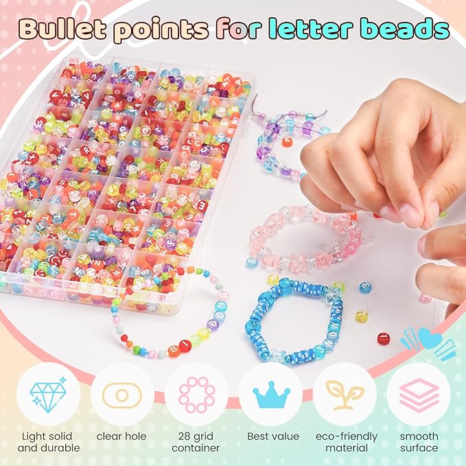 1450 Pieces Letter Beads, 28 Styles Acrylic 4x7mm Round Letter Beads Kits, A-Z Alphabet Heart Pattern Bead for Bracelets Necklaces DIY Jewelry Making