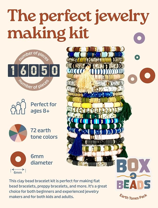 Box-O-Beads Earth Tones Clay Beads Bracelet Making Kit with 16050 Pieces - 72 Color Friendship Jewelry Kit for Kids and Teens - Creates Over 100 Bracelets for Family Crafting