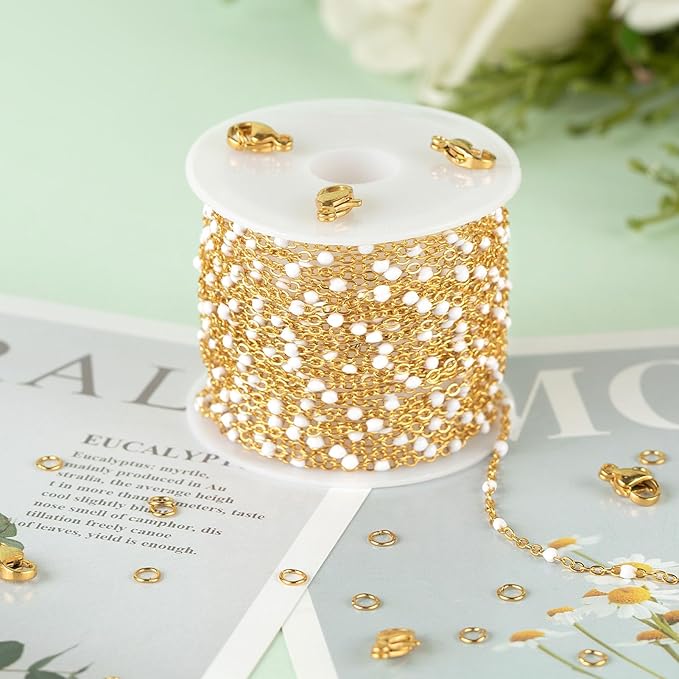 KYUNHOO 16.4 Feet/5M Stainless Steel Beaded Chain for Jewelry Making - Gold Plated Bulk Thin Cable Link With Findings for DIY Craft