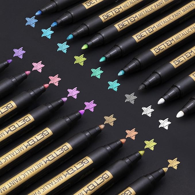 Betem Metallic Paint Markers, 18 Colors Acrylic Paint Metallic Markers for Black Paper, 2mm Medium Tips Glitter Pens Scrapbooking Supplies, Egg Decorating Kit, for Rock Painting, Cards, Photo Albums