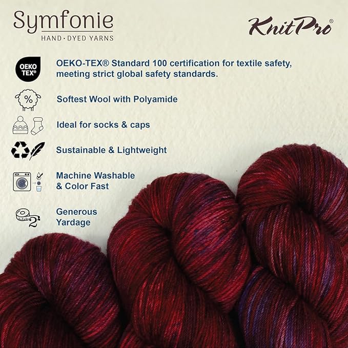 KnitPro Symfonie Fingering Weight Hand Dyed Variegated Yarn Skein | Extra Fine Merino Wool & Polyamide Blend for Knitting & Crocheting, Oeko-TEX Certified 400m, 100g | Terra Valentine