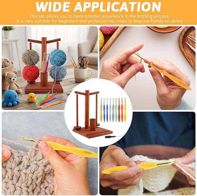 Wooden Yarn Holder - 9PCS Crochet Hooks, Magnetic 2-Spindle Spinner for Crocheting & Knitting | with Phone Stand & Hook Storage | Yarn Enthusiasts' Choice