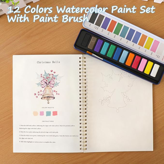 Watercolor Workbook, Water Coloring Book, 12 Different Patterns of Original DIY Designs, 12 Colors Watercolor Paint Set with Palette and Brush, Beginner-Friendly Watercolor Workbooks（Christmas）