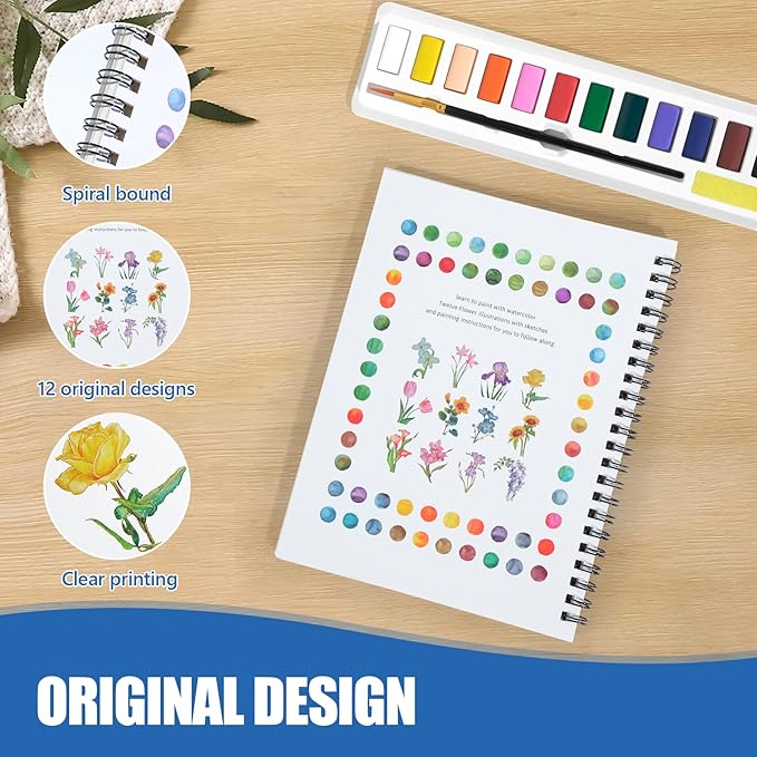 GlisDyck Watercolor Workbook for Beginners, Water Color Paint Book Set with Paints & Brush, 12 Beautiful Flower Patterns of Original DIY Designs, Relaxing & Creative & Joy Adult Coloring Books