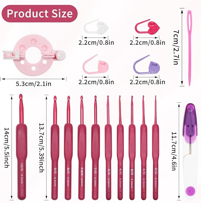 VASTRISE 34PCS Crochet Hooks Set,9 Sizes 2.5-6 mm Red Gradient Aluminum Ergonomic Soft Handle Crochet with Case and Crochet Kit for Beginners Adults for Arthritic Hands Crochet Needle Set