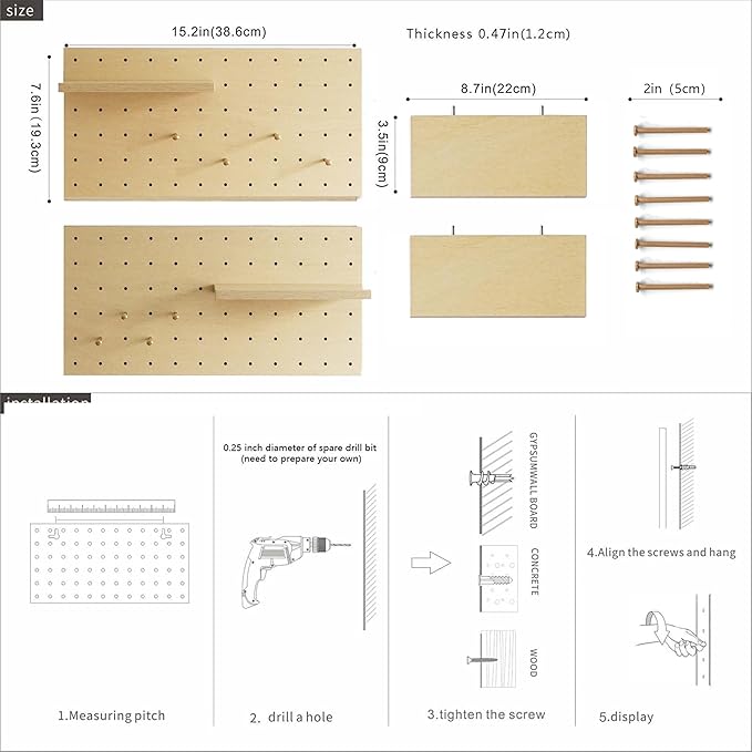Wooden Pegboard Modular Display Organization Storage Wall Hooks Shelf (Birch Colored Finish-A)