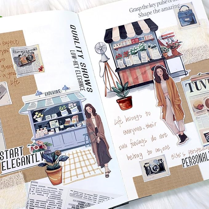 Dwpetzo Vintage Summer Landscape Pre-Cut Sticker Book for Junk Journaling, Dual Transparent PET and Writing Paper Materials, Collage Stickers for Scrapbooking Supplies, Planner, Card Making, Bujo