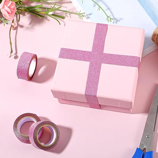 Pink Glitter Washi Tape, 8 Rolls Crafting Tape Pink Painters Adhesive Tape Glitter Tape for Crafts Glitter Border Masking Tape for Festival Decoration Scrapbooking Holiday Gift Wrapping 0.6 Inch