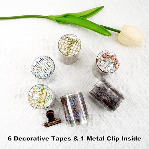 Floral Trellis PET Tape Set - 6 Rolls of Seamless Vintage Balcony & Vine Designs with 1 Metal Clip, Self-Adhesive Waterproof Decorative Tapes for Scrapbook Journal and DIY Décor